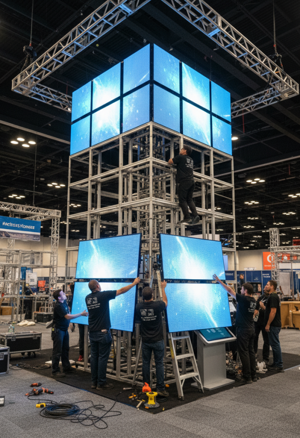 people installing display at tradeshow